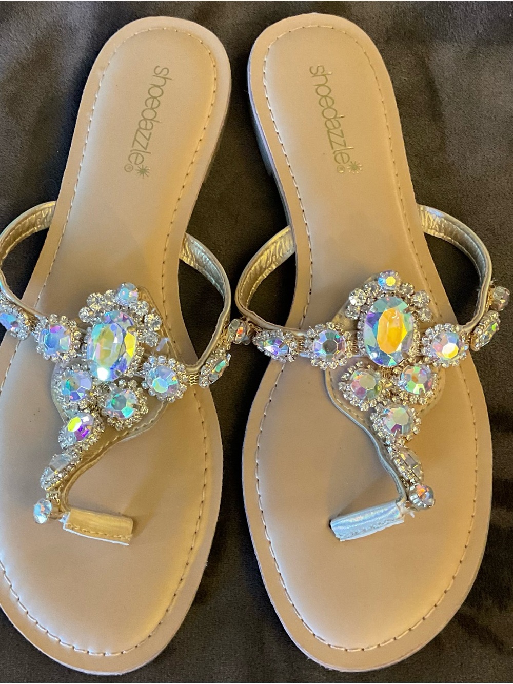 Shoe Dazzle Gold Jeweled Iridescent Thong Sandals